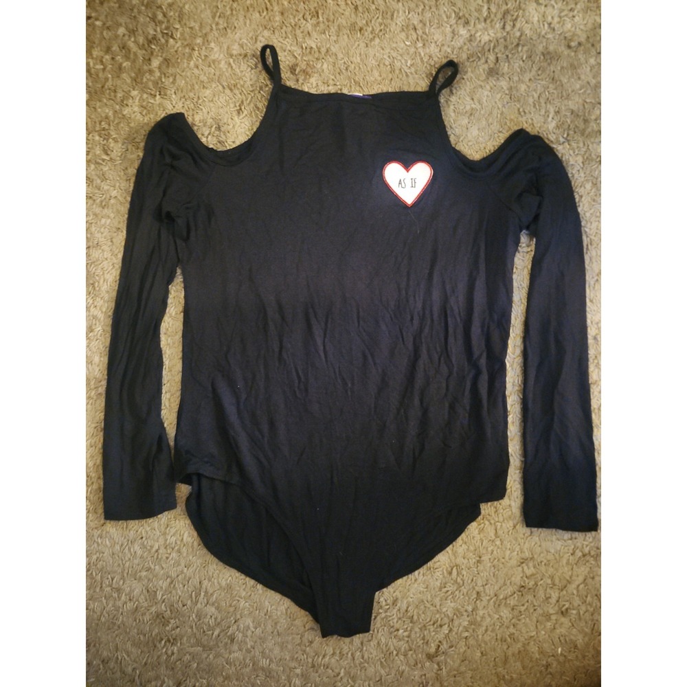 Hot Gal Black Cold Shoulder Bodysuit Heart Embroidery Detail, Snap Closure XL
